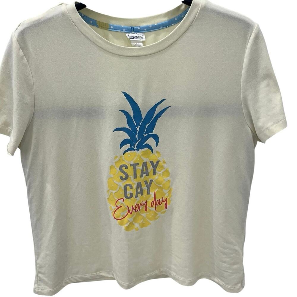 Be Yourself Sleepwear Women's Large Yellow Pineapple "STAY CAY Every Day" PJ Top
